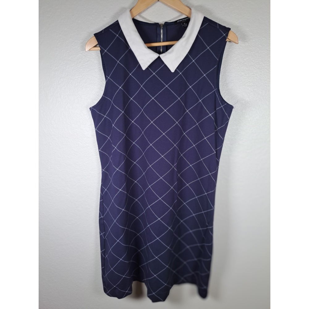 Sharagano Navy Blue Windowpane Plaid Sleeveless Collared Shift Dress Size 14